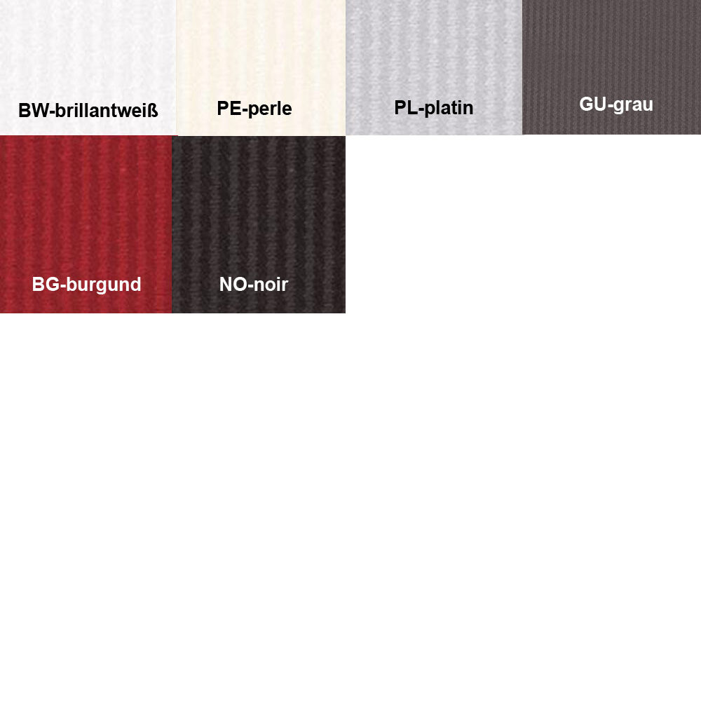 Farbkarte mit 6 verschiedene farben BW-brillantweiß, PE-perle, PL-platin, GU-grau, BG-burgund, NO-noir.