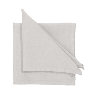 Ein sauber gefaltetes, Stoffserviette in der Farbe Silber liegt auf einer ebenen Fläche. Die Serviette ist doppellagig gefaltet, wobei eine Ecke nach oben und zur Seite hin spitz abgeknickt ist, sodass eine elegante, dreidimensionale Form entsteht. Der Stoff wirkt lässig.
