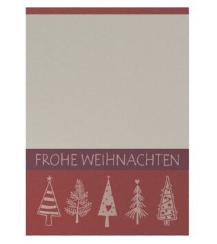 Geschirrtücher Frohe Weihnachten aus Halbleinen von Kracht in Rot und weiß mit weihnachtsbäume, auf weißem Hintergrund.