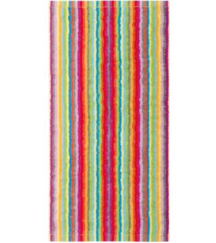Cawö Handtuch in Multicolor mit schmalen, wellenförmigen Streifen in Pink, Rot, Orange, Gelb, Grün, Blau, lila und Grau auf weißem Hintergrund.