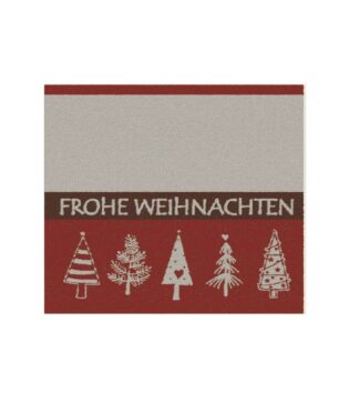 Geschirrtücher Frohe Weihnachten aus Frottier von Kracht in Rot und weiß mit weihnachtsbäume, auf weißem Hintergrund.