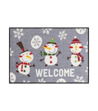 Hellblaue Wohnmatte mit festlichem Schneemann-Motiv